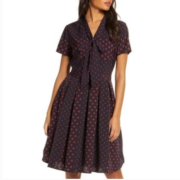 1901 Bow Neck Polka Dot Fit and Flare Dress - Picture 1 of 9